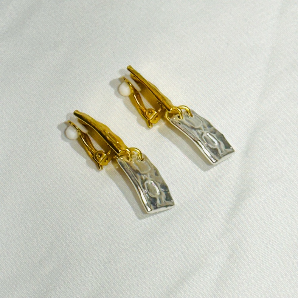 Gold and Silver Geometric Art Deco Clip-On Earrings - Picture 3 of 9
